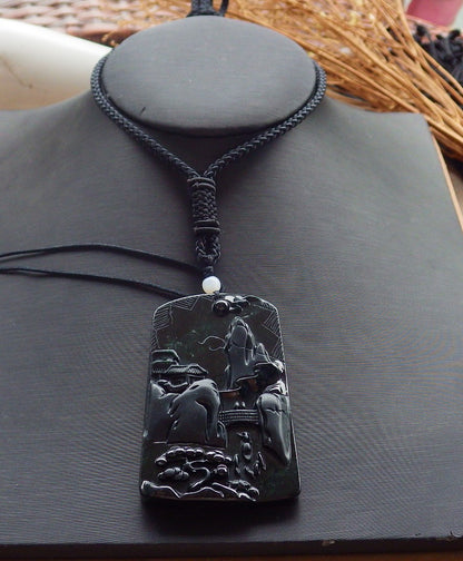 Certified Hand Carved Dark Green Black Natural Myanmar Burma A Jade Jadeite Landscape painting Pendant Necklace