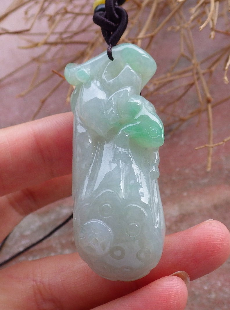 Certified Hand Carved Green Natural Myanmar Burma A Jade jadeite Frog Toad Lotus Flower Pendant Necklace