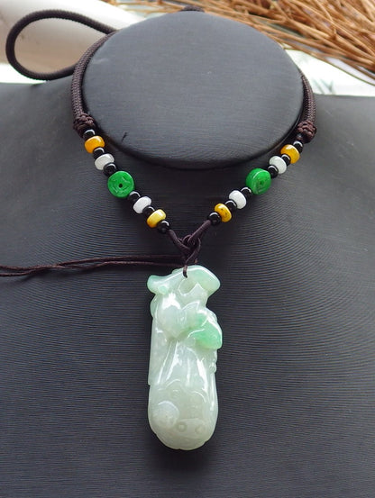 Certified Hand Carved Green Natural Myanmar Burma A Jade jadeite Frog Toad Lotus Flower Pendant Necklace