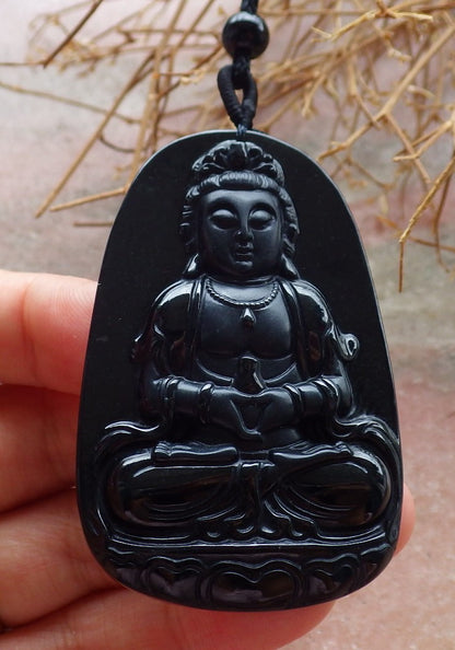 Certified Hand Carved Dark Green Black Natural Myanmar Burma A Jade Jadeite Guanyin Kwan yin Pendant Necklace