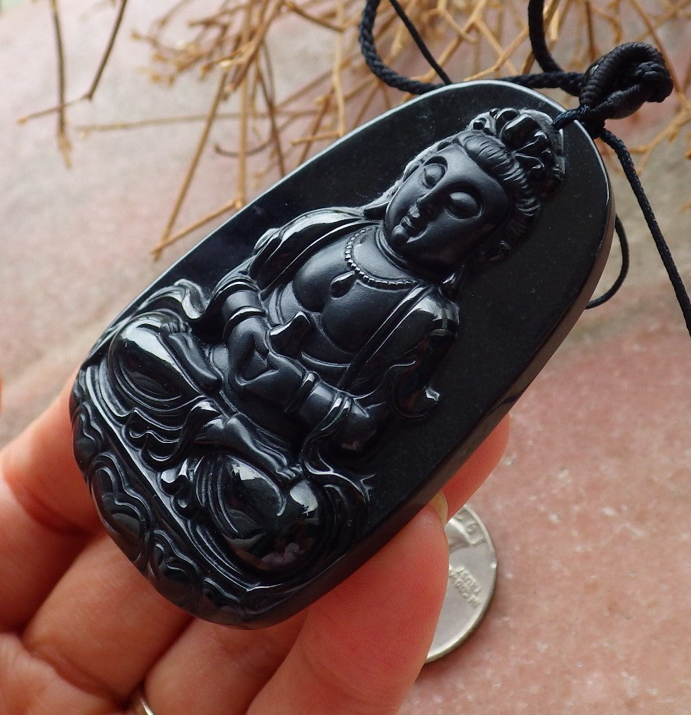 Certified Hand Carved Dark Green Black Natural Myanmar Burma A Jade Jadeite Guanyin Kwan yin Pendant Necklace