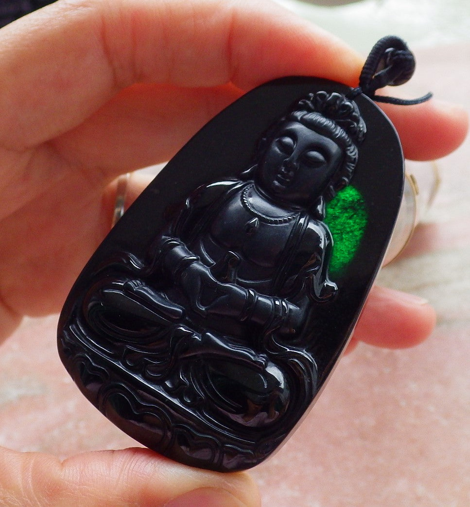 Certified Hand Carved Dark Green Black Natural Myanmar Burma A Jade Jadeite Guanyin Kwan yin Pendant Necklace