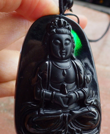 Certified Hand Carved Dark Green Black Natural Myanmar Burma A Jade Jadeite Guanyin Kwan yin Pendant Necklace