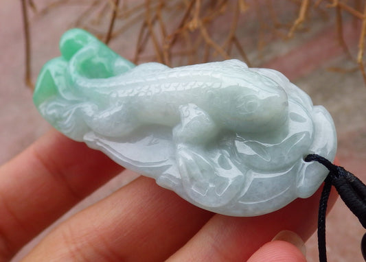 Certified Hand Carved Green Myanmar Burma Natural A Jade jadeite Dragon Lizard Pendant Necklace