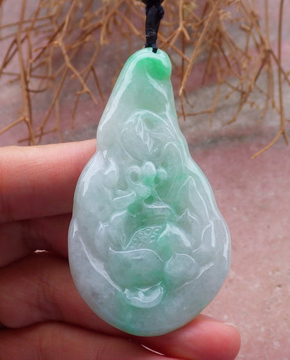 Certified Hand Carved Green Myanmar Burma Natural A Jade jadeite Dragonfly Lotus Flower Pendant Necklace