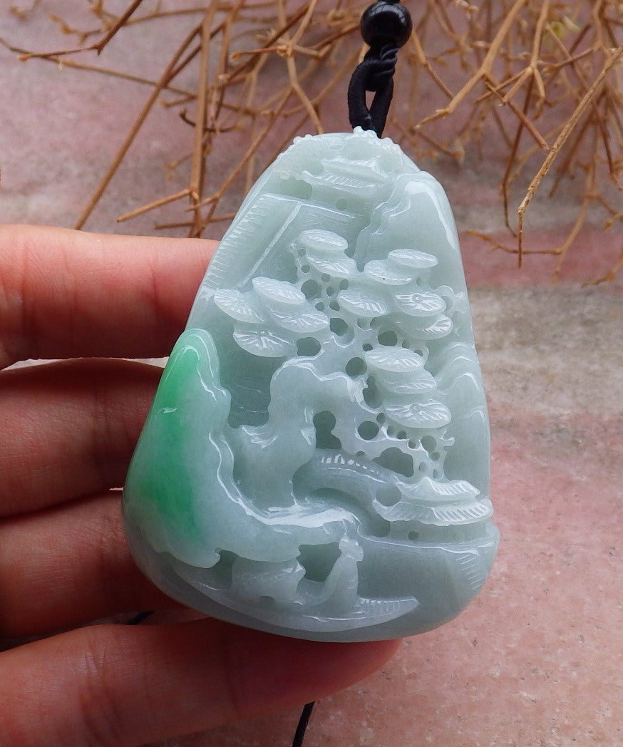 Certified Hand Carved Green Natural Myanmar Burma A Jade jadeite Landscape painting Tree Pendant Necklace