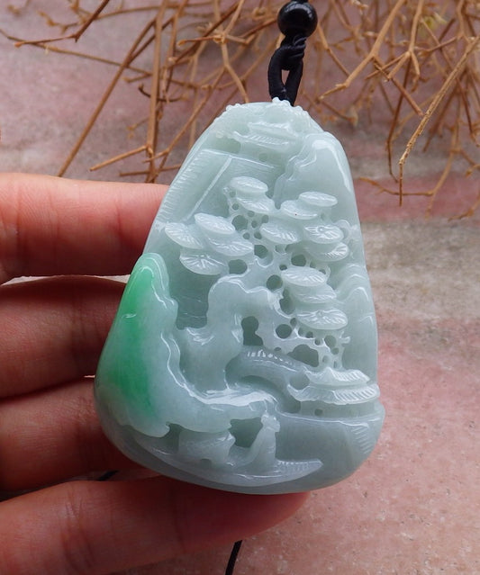 Certified Hand Carved Green Natural Burma A Jade jadeite Pendant Necklace 3 pcs