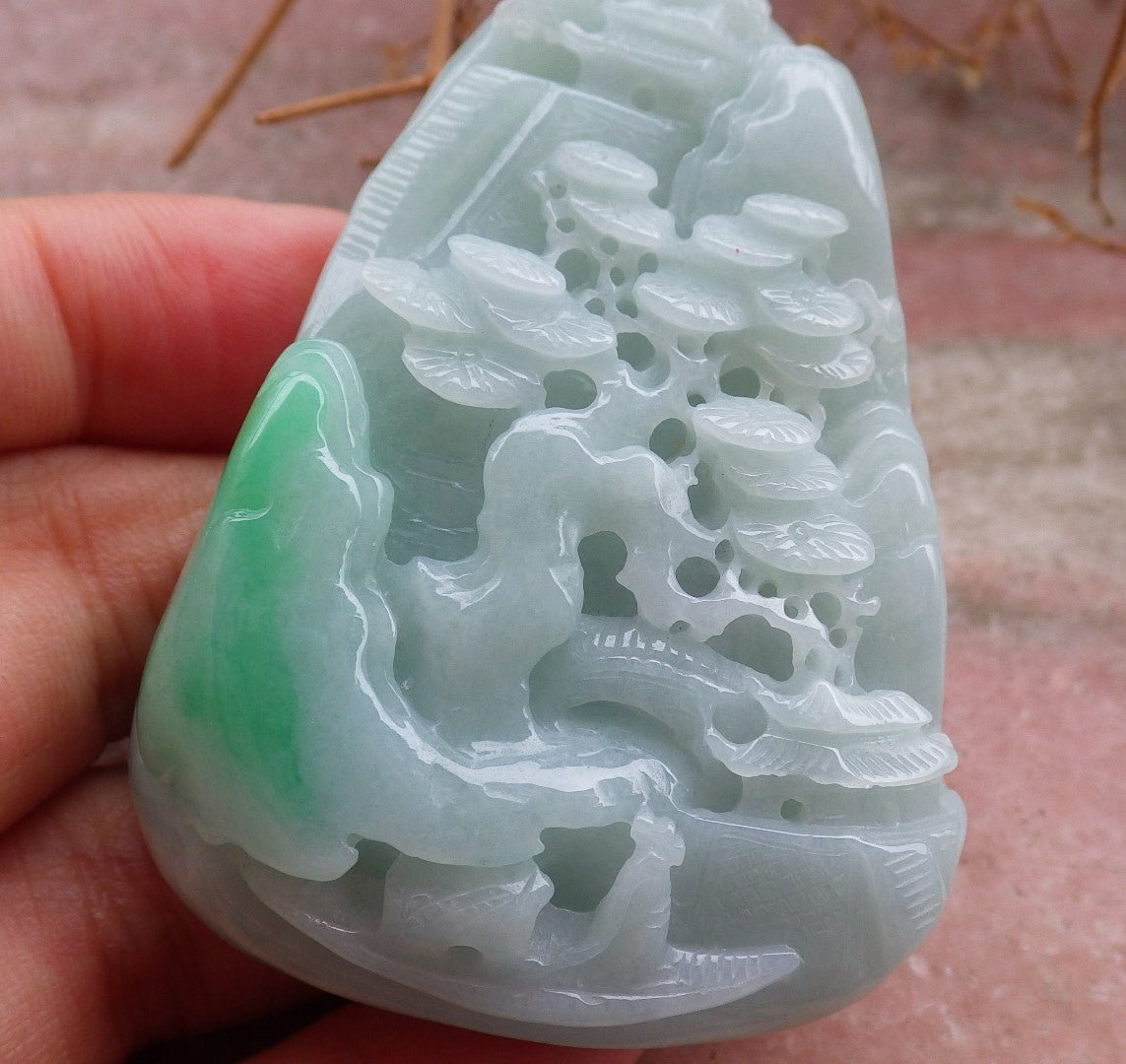 Certified Hand Carved Green Natural Myanmar Burma A Jade jadeite Landscape painting Tree Pendant Necklace