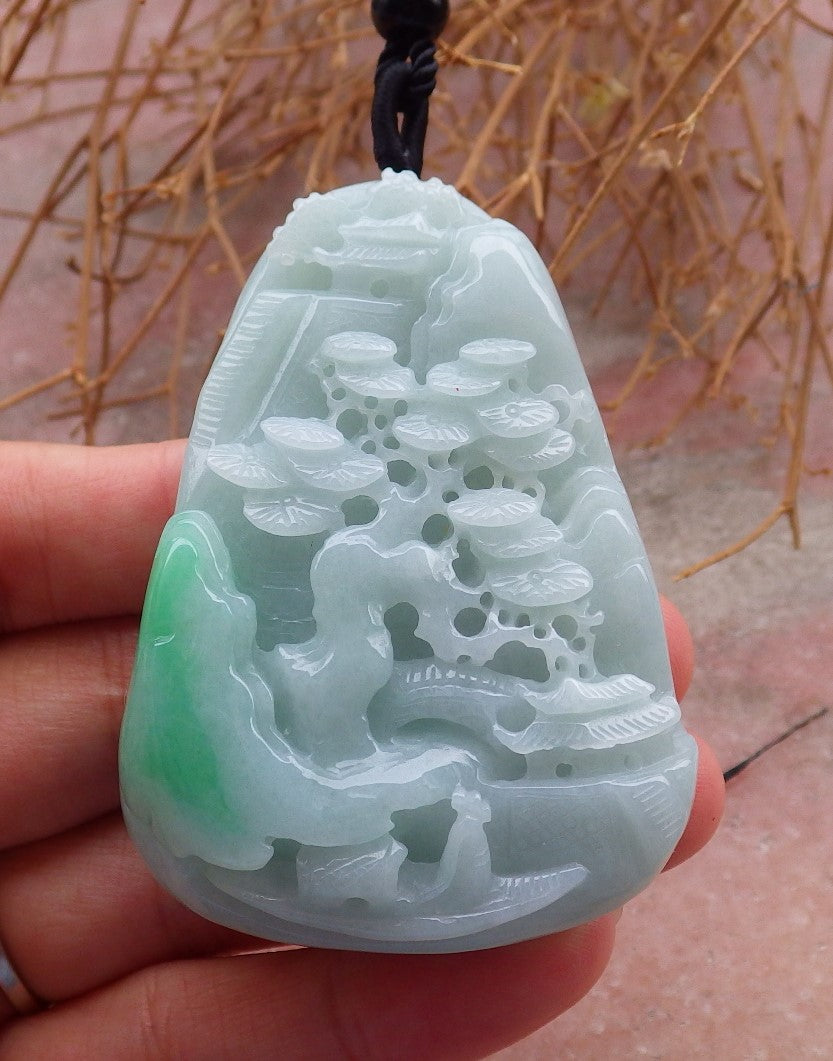 Certified Hand Carved Green Natural Myanmar Burma A Jade jadeite Landscape painting Tree Pendant Necklace