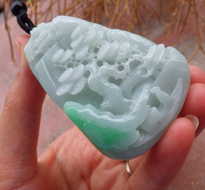 Certified Hand Carved Green Natural Myanmar Burma A Jade jadeite Landscape painting Tree Pendant Necklace