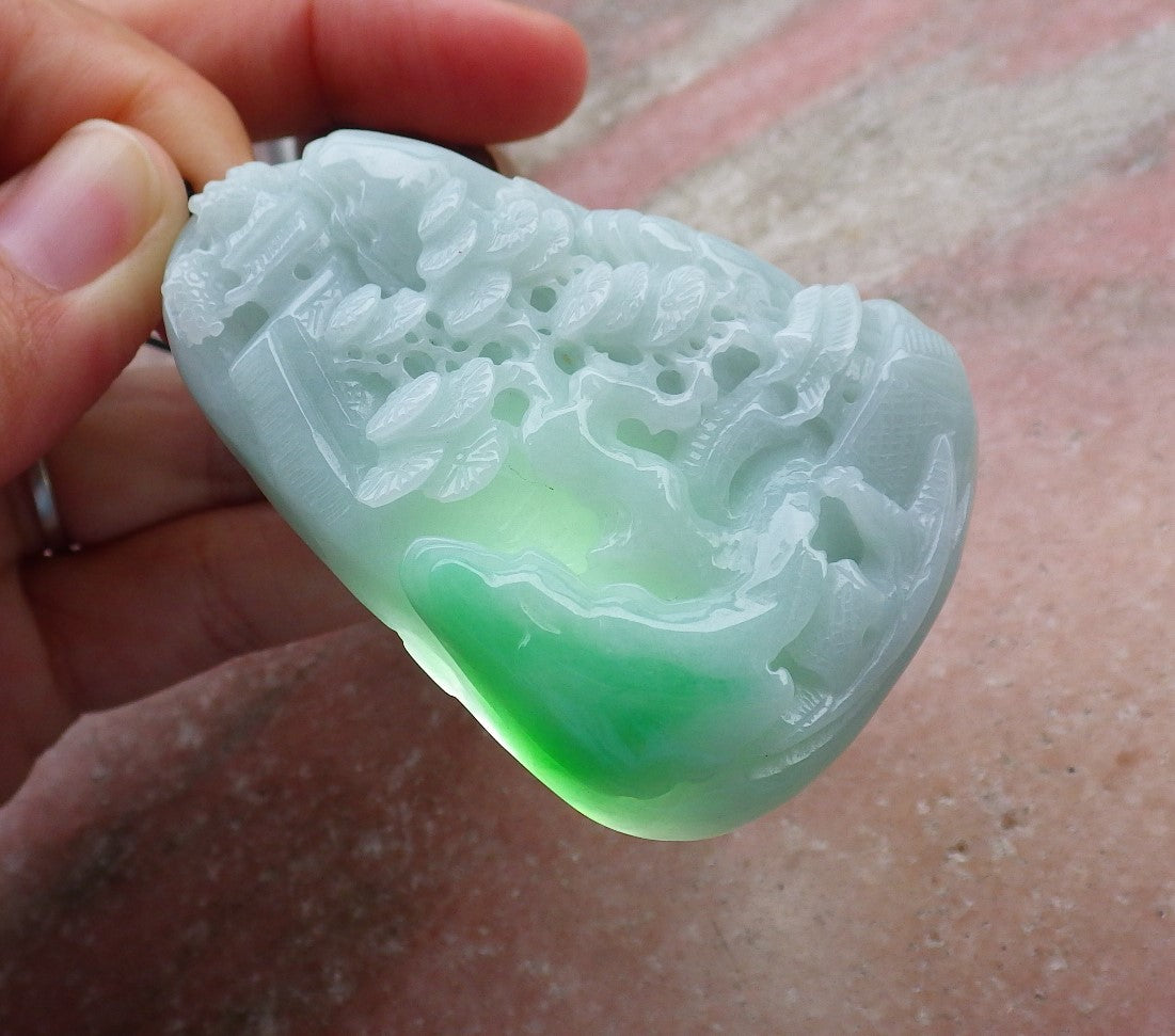 Certified Hand Carved Green Natural Myanmar Burma A Jade jadeite Landscape painting Tree Pendant Necklace