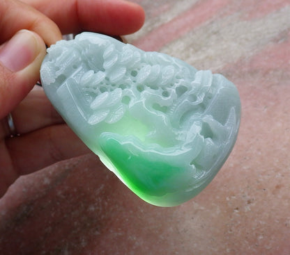 Certified Hand Carved Green Natural Myanmar Burma A Jade jadeite Landscape painting Tree Pendant Necklace