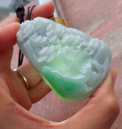 Certified Hand Carved Green Natural Myanmar Burma A Jade jadeite Landscape painting Tree Pendant Necklace