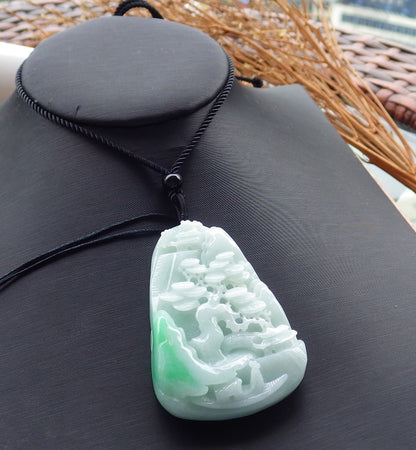 Certified Hand Carved Green Natural Myanmar Burma A Jade jadeite Landscape painting Tree Pendant Necklace