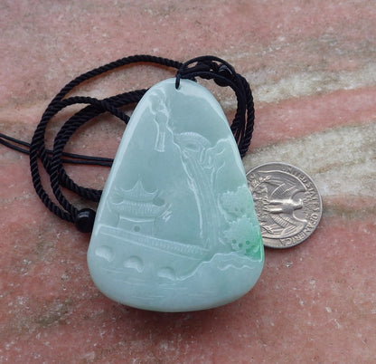 Certified Hand Carved Green Natural Myanmar Burma A Jade jadeite Landscape painting Tree Pendant Necklace