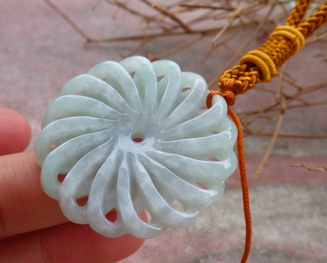 Certified Hand Carved Light Green Natural Myanmar Burma A Jade jadeite Coin Knotte Flower Circle Pendant Necklace