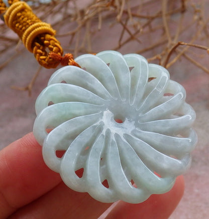 Certified Hand Carved Light Green Natural Myanmar Burma A Jade jadeite Coin Knotte Flower Circle Pendant Necklace