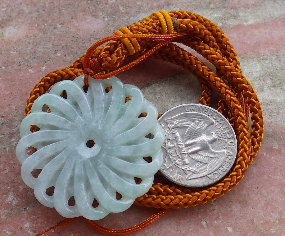 Certified Hand Carved Light Green Natural Myanmar Burma A Jade jadeite Coin Knotte Flower Circle Pendant Necklace