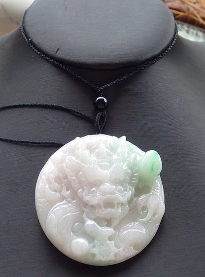 Certified Hand Carved Green Natural Myanmar Burma A Jade Circle Dragon Bead Beads Pendant Necklace