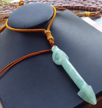 Certified Hand Carved Green Natural Myanmar Burma A Jade Arrow Bead Beads Pendant Necklace