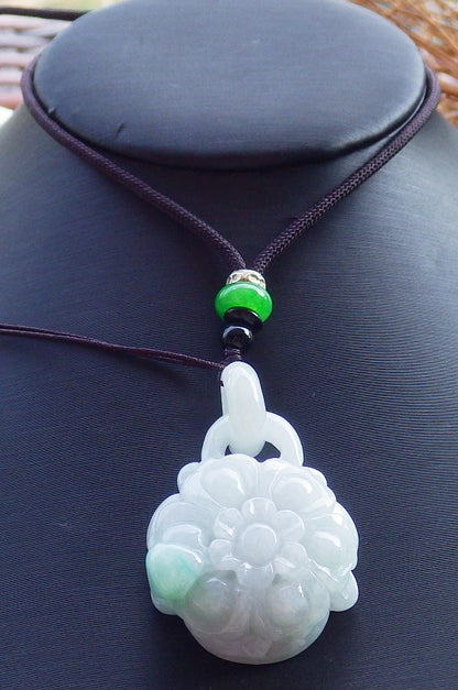 Certified Hand Carved Green Lavender Natural Myanmar Burma A Jade Flower with Ring Pendant Necklace