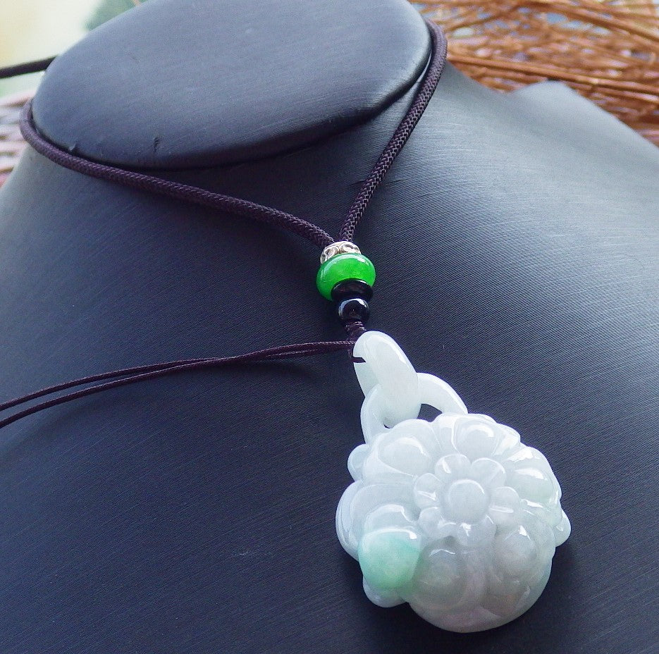 Certified Hand Carved Green Lavender Natural Myanmar Burma A Jade Flower with Ring Pendant Necklace