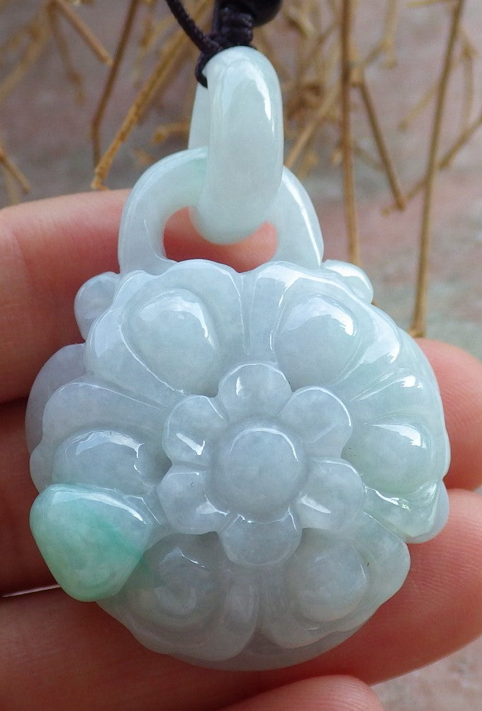 Certified Hand Carved Green Lavender Natural Myanmar Burma A Jade Flower with Ring Pendant Necklace