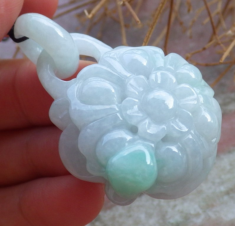 Certified Hand Carved Green Lavender Natural Myanmar Burma A Jade Flower with Ring Pendant Necklace