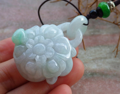 Certified Hand Carved Green Lavender Natural Myanmar Burma A Jade Flower with Ring Pendant Necklace