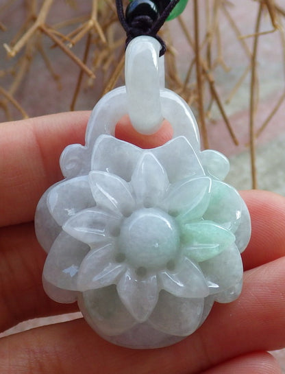 Certified Hand Carved Green Lavender Natural Myanmar Burma A Jade Flower with Ring Pendant Necklace