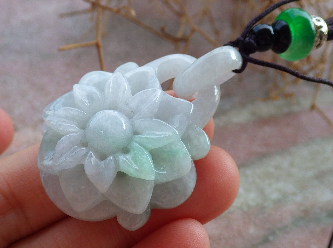 Certified Hand Carved Green Lavender Natural Myanmar Burma A Jade Flower with Ring Pendant Necklace