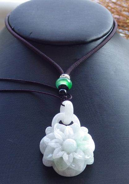 Certified Hand Carved Green Lavender Natural Myanmar Burma A Jade Flower with Ring Pendant Necklace