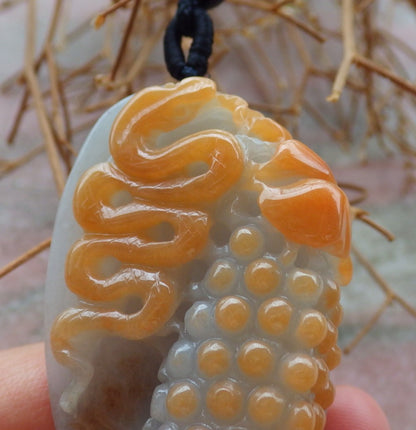 Certified Hand Carved Natural Green Yellow Myanmar Burma A Jade jadeite Zodiac Snake Grape Pendant Necklace