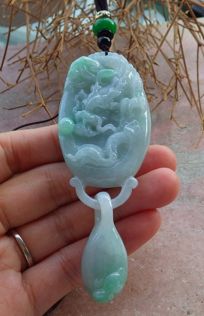 Certified Hand Carved Natural Myanmar Burma A Jade jadeite Dragon Ruyi with Ring Pendant Necklace