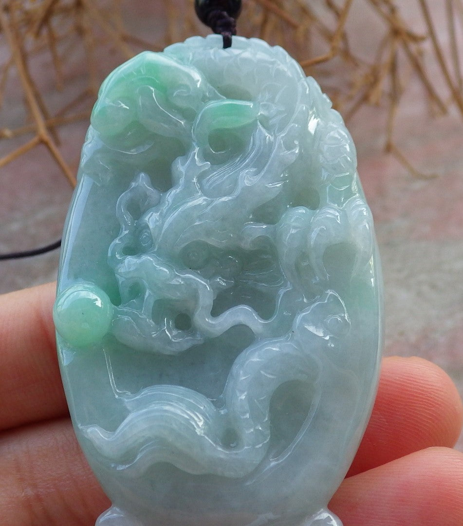 Certified Hand Carved Natural Myanmar Burma A Jade jadeite Dragon Ruyi with Ring Pendant Necklace