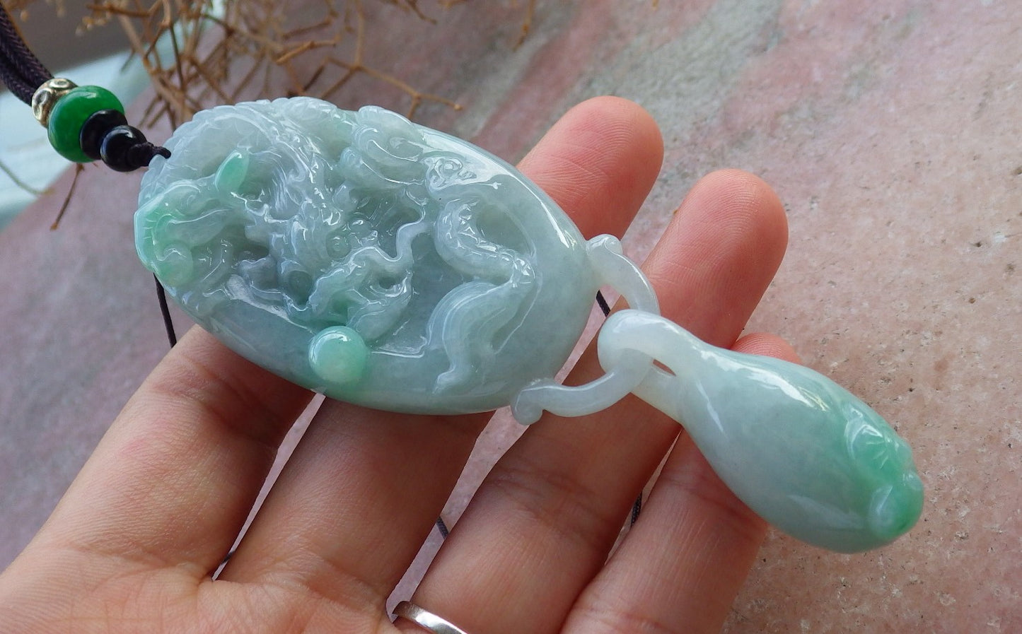 Certified Hand Carved Natural Myanmar Burma A Jade jadeite Dragon Ruyi with Ring Pendant Necklace