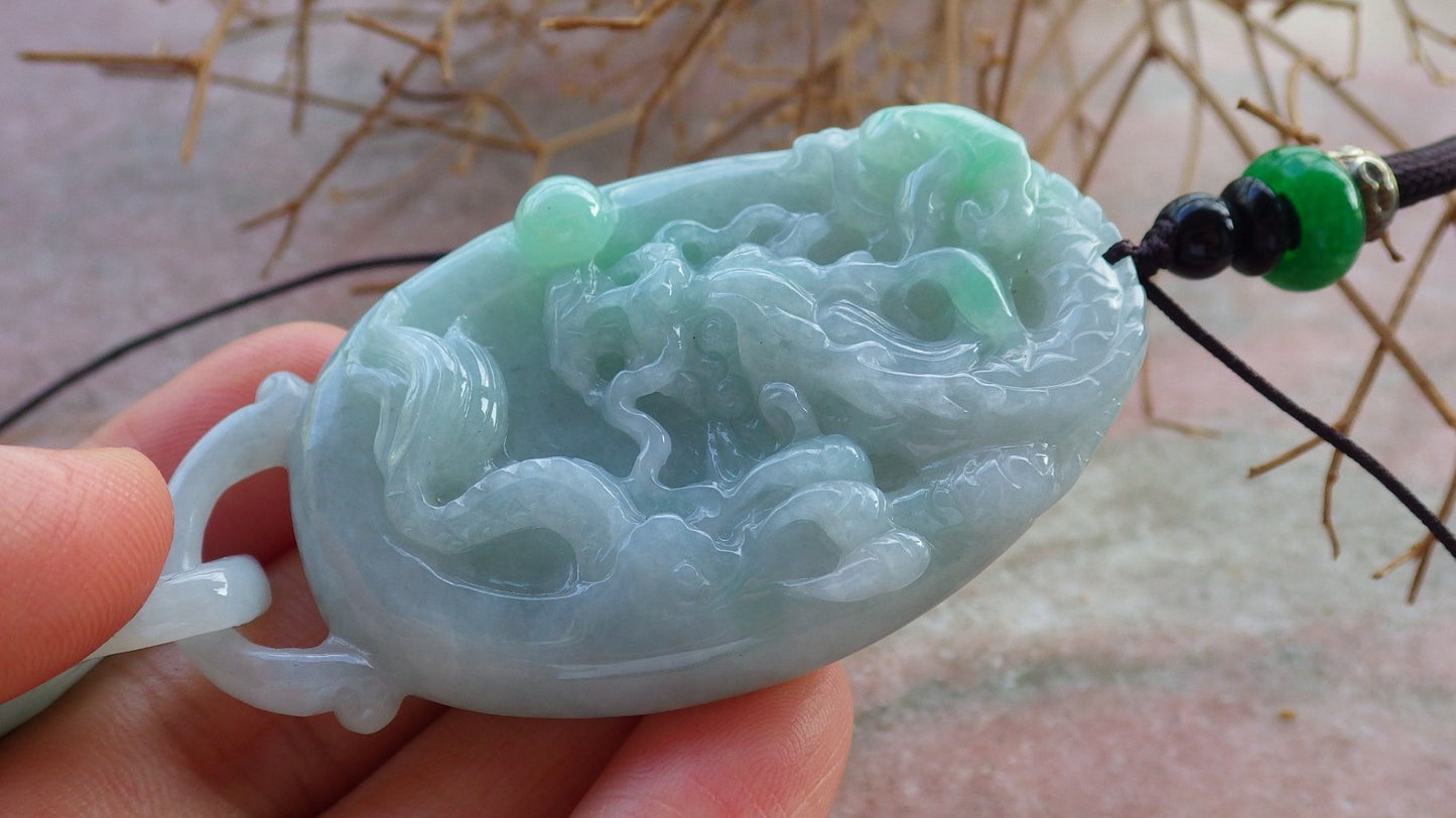 Certified Hand Carved Natural Myanmar Burma A Jade jadeite Dragon Ruyi with Ring Pendant Necklace