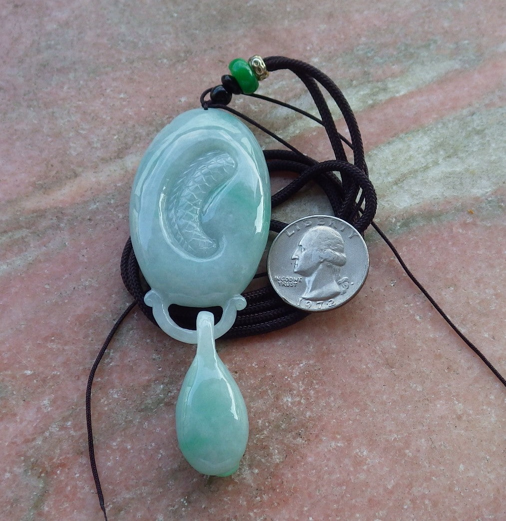 Certified Hand Carved Natural Myanmar Burma A Jade jadeite Dragon Ruyi with Ring Pendant Necklace