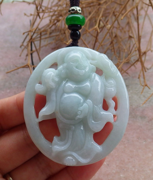 Certified Hand Carved Green Natural Myanmar Burma A Jade jadeite Happy Buddha God Pendant Necklace