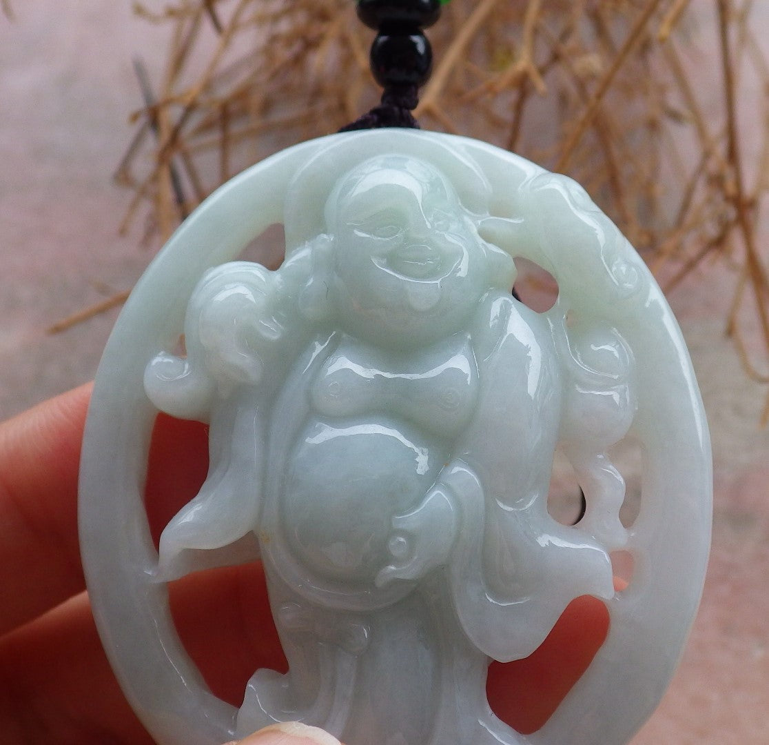 Certified Hand Carved Green Natural Myanmar Burma A Jade jadeite Happy Buddha God Pendant Necklace