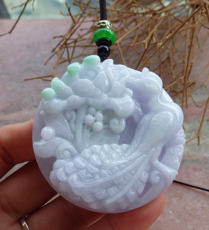 Certified Hand Carved Lavender Green 100% Natural Myanmar Burma Grade A Jade Jadeite Phoenix Bird Flower Pendant Necklace