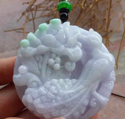 Certified Hand Carved Lavender Green 100% Natural Myanmar Burma Grade A Jade Jadeite Phoenix Bird Flower Pendant Necklace