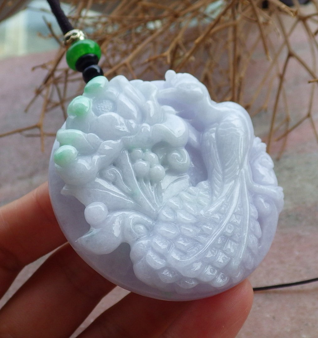 Certified Hand Carved Lavender Green 100% Natural Myanmar Burma Grade A Jade Jadeite Phoenix Bird Flower Pendant Necklace