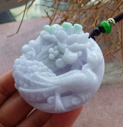 Certified Hand Carved Lavender Green 100% Natural Myanmar Burma Grade A Jade Jadeite Phoenix Bird Flower Pendant Necklace