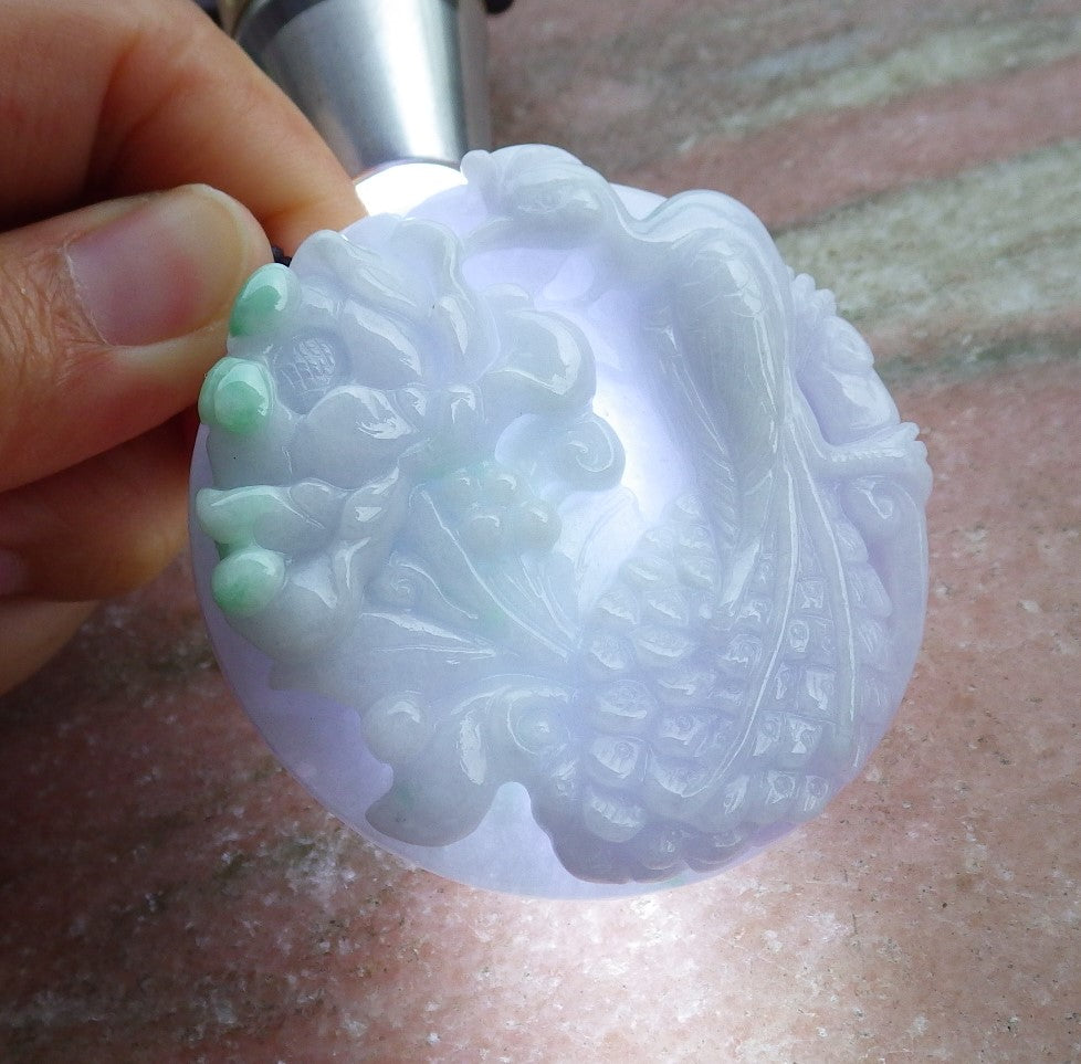 Certified Hand Carved Lavender Green 100% Natural Myanmar Burma Grade A Jade Jadeite Phoenix Bird Flower Pendant Necklace