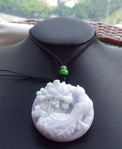 Certified Hand Carved Lavender Green 100% Natural Myanmar Burma Grade A Jade Jadeite Phoenix Bird Flower Pendant Necklace