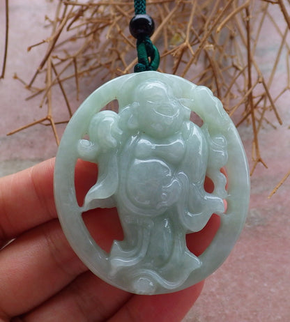 Certified Hand Carved Green Natural Myanmar Burma Grade A Jade Jadeite Happy Buddha God Pendant Necklace