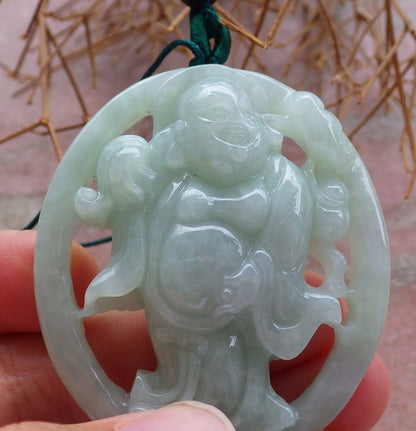 Certified Hand Carved Green Natural Myanmar Burma Grade A Jade Jadeite Happy Buddha God Pendant Necklace