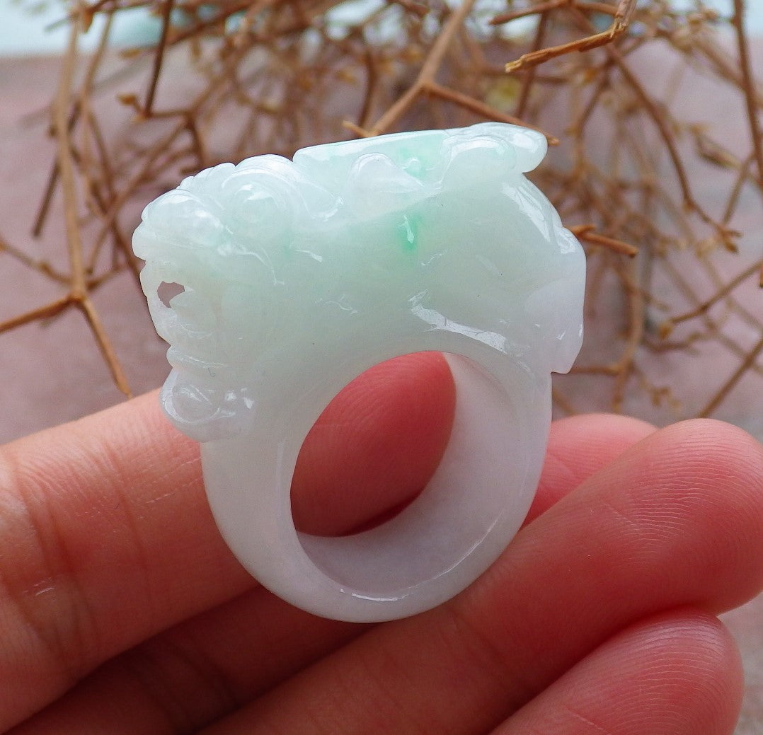 Certified Hand Carved Green Natural Myanmar Burma A JADE Jadeite Dragon Pi Xiu Ring US 5.25