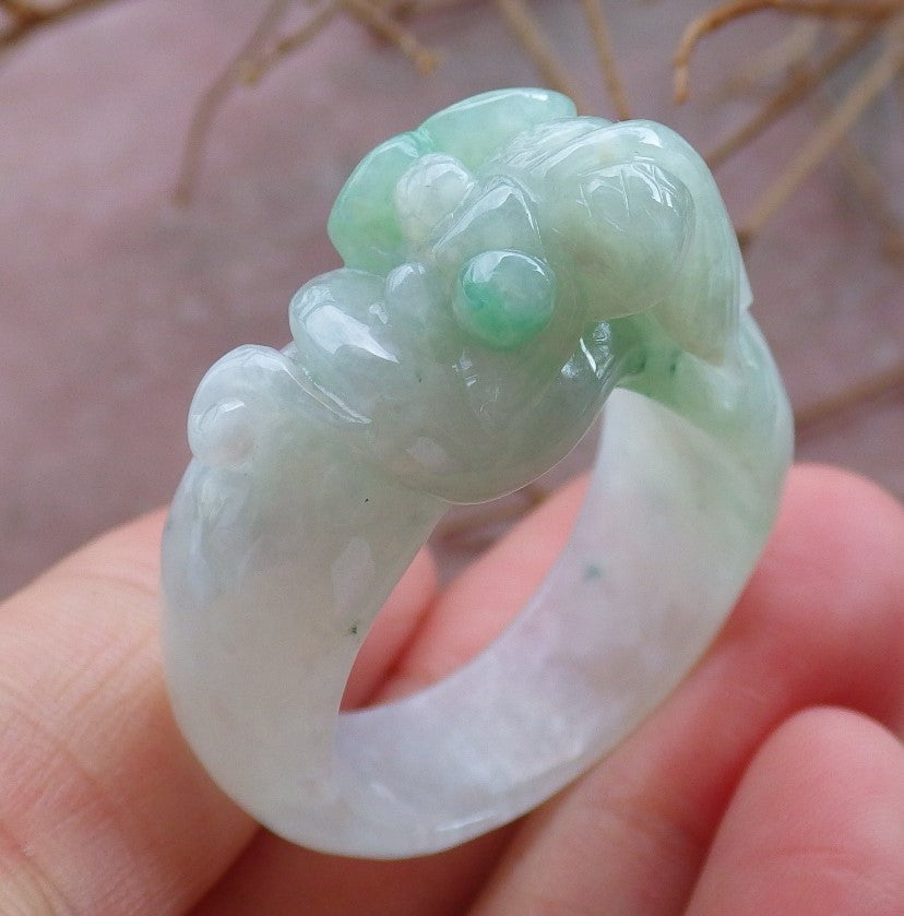 Certified Hand Carved Green Natural Myanmar Burma A JADE Jadeite Gold Fish Ring US 11.25